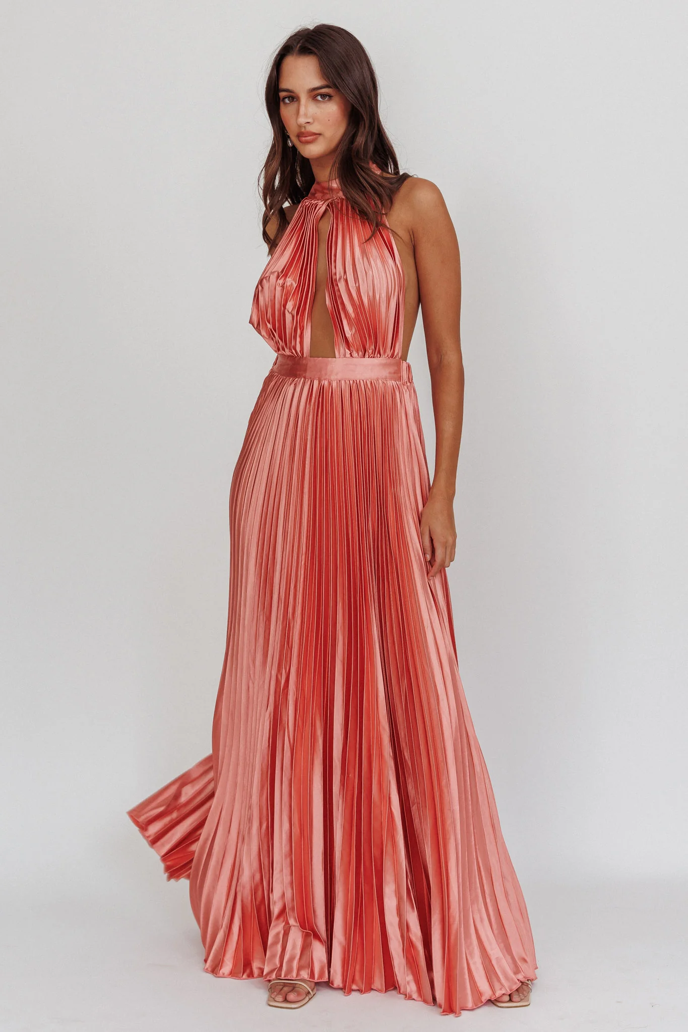 Monarch Pleated Satin Maxi Dress Rose - Image 3