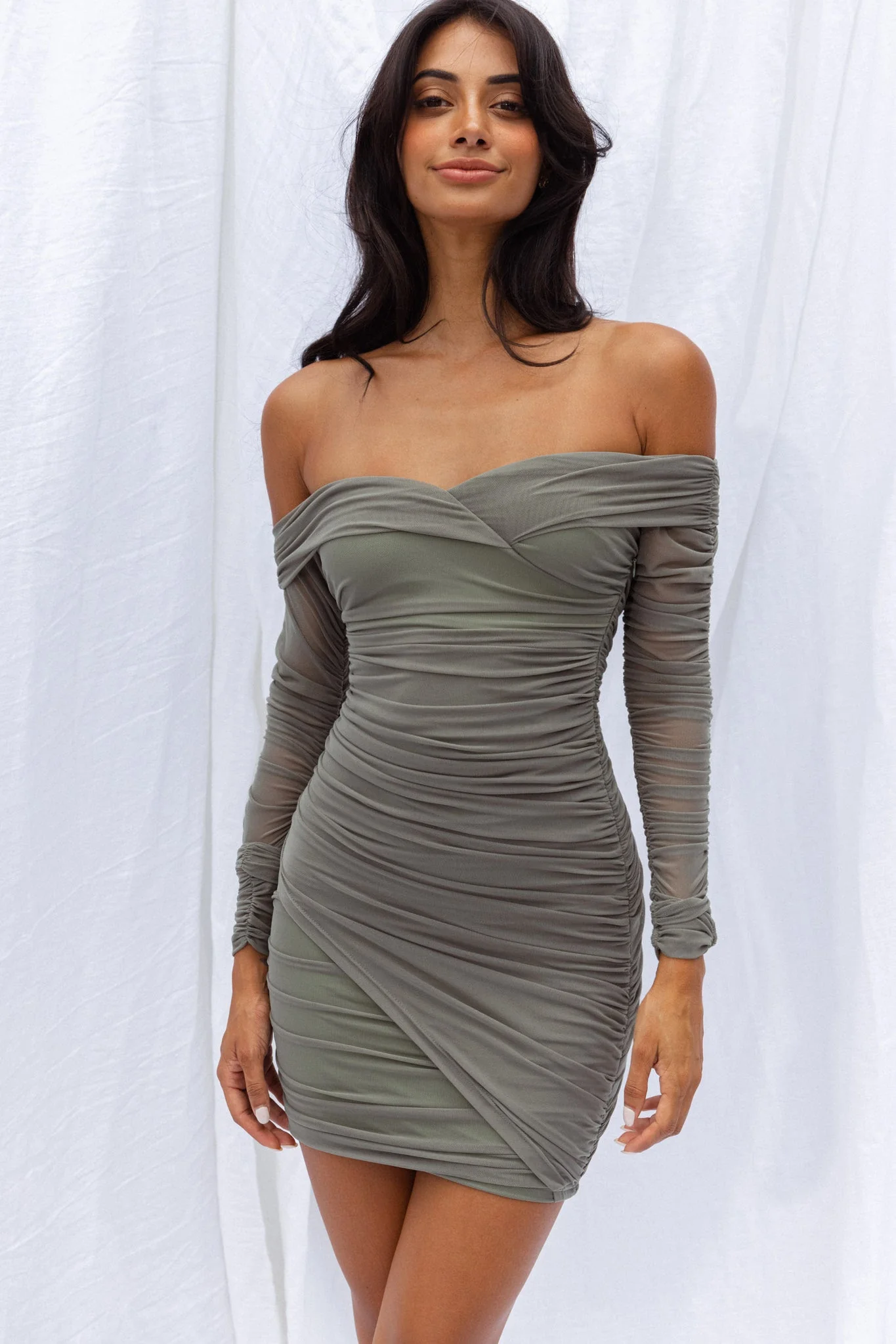 Moonrise Off-Shoulder Crossover Neckline Long Sleeve Ruched Dress Olive - Image 8