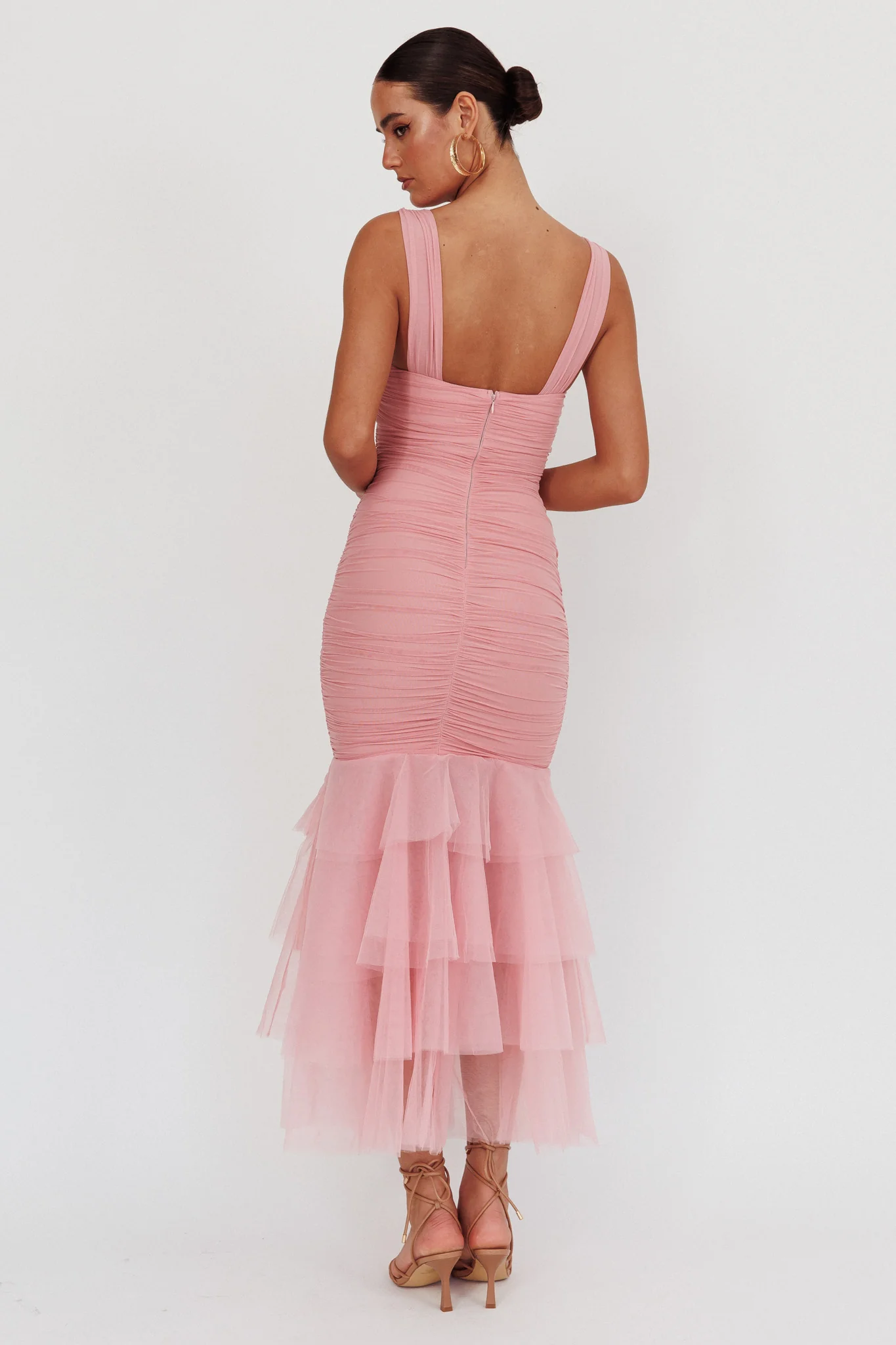 Nadia Tulle Hem Ruched Maxi Dress Pink - Image 2