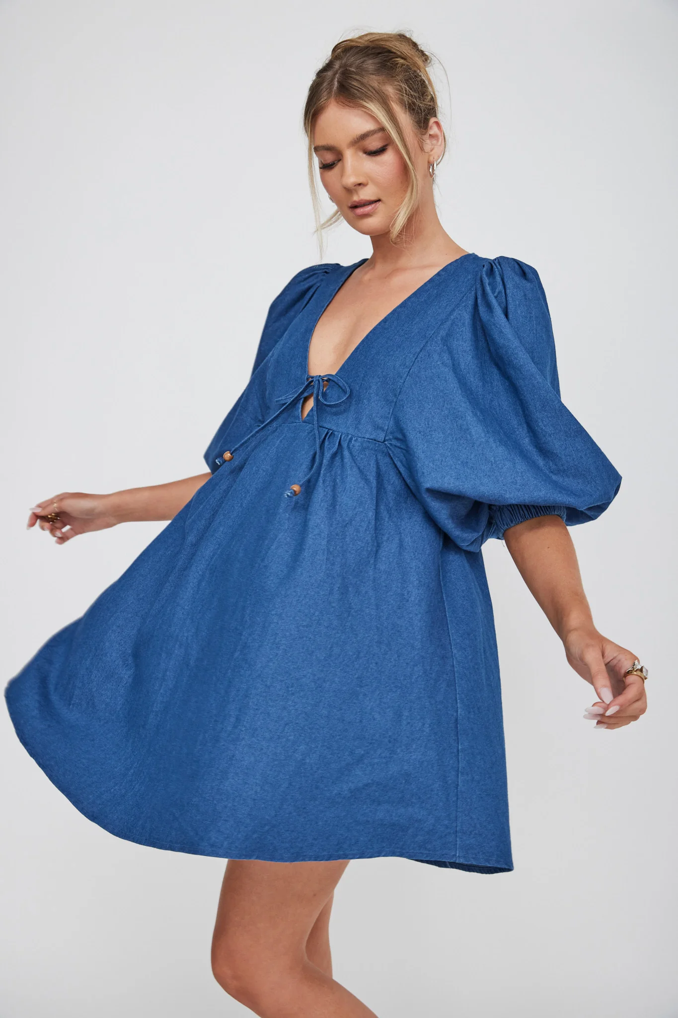 New Haven Puff Sleeve Swing Dress Indigo - Image 5