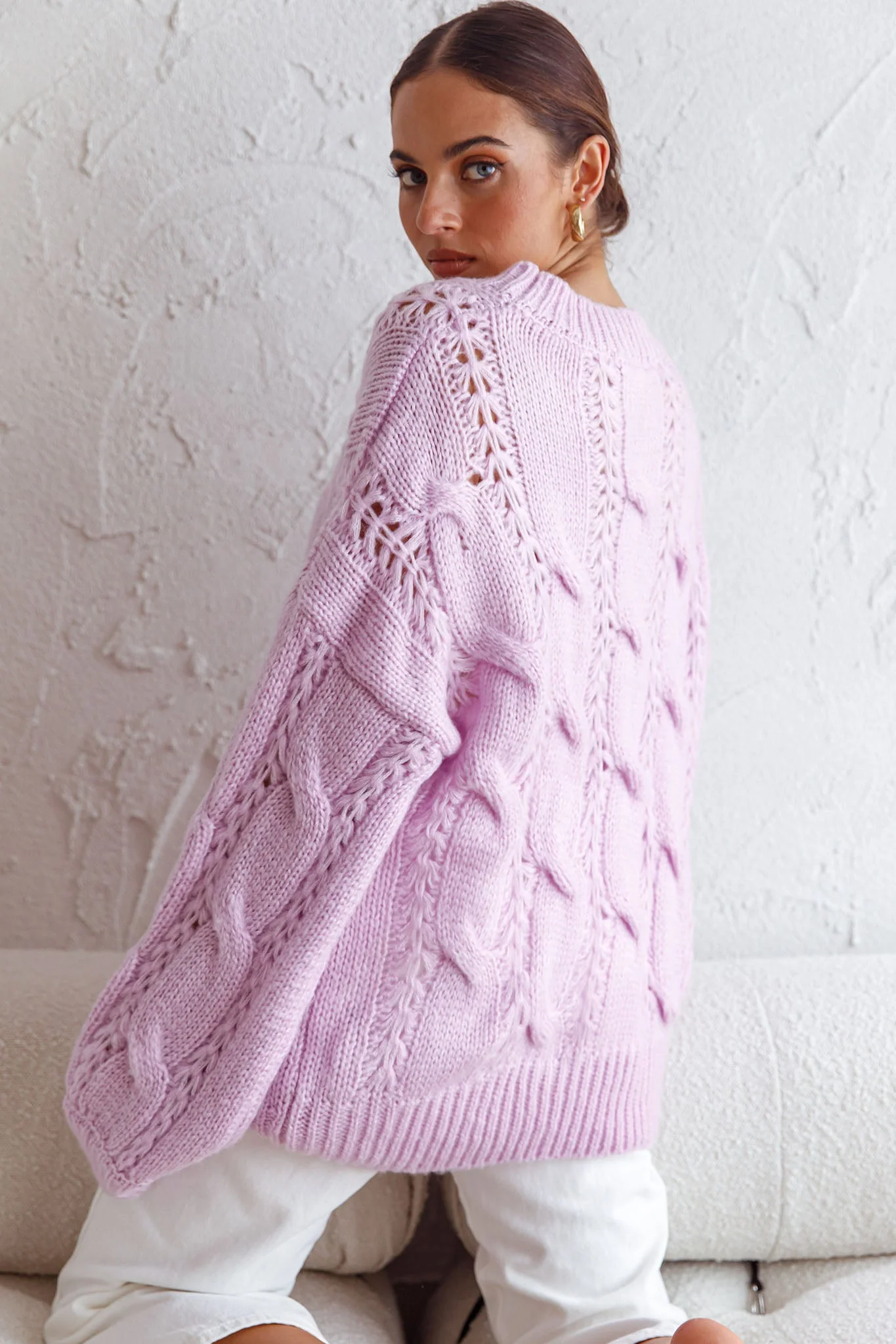 Nicola Long Sleeve Chunky Cable Knit Sweater Lilac - Image 2