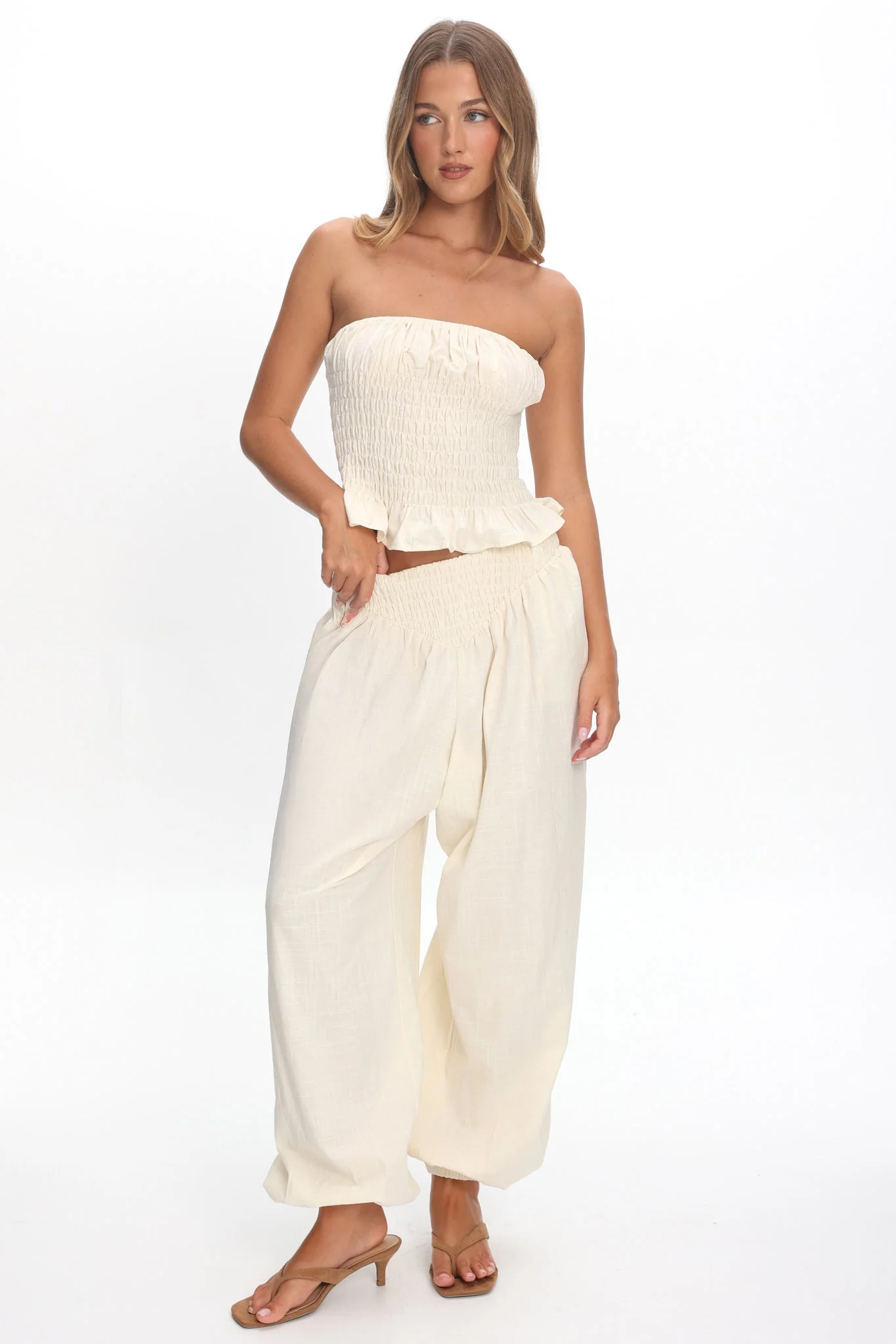 Norina Shirred Waist Pants Cream - Image 2