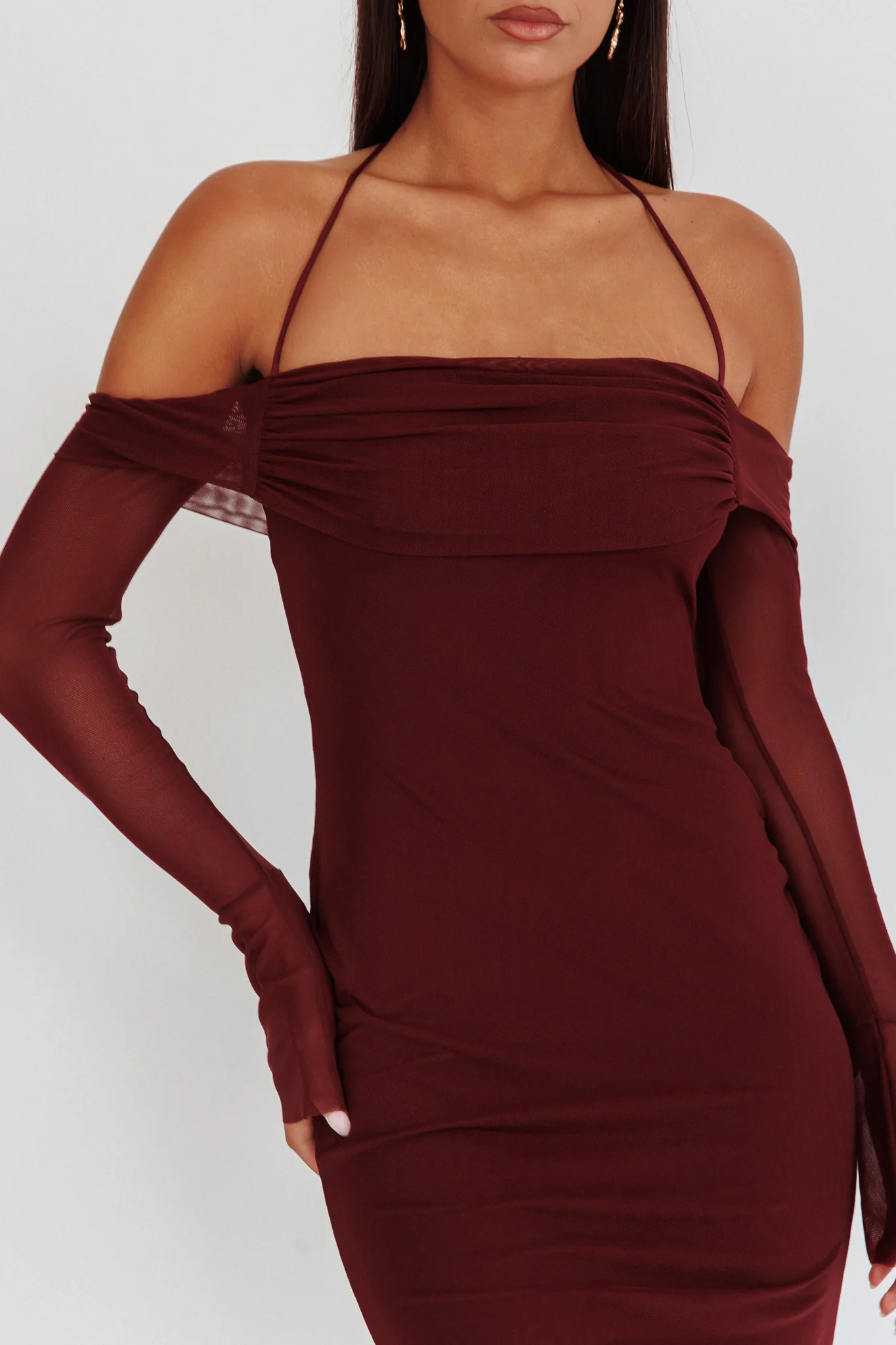 Numbers Game Off-Shoulder Halter Maxi Dress Chocolate - Image 3