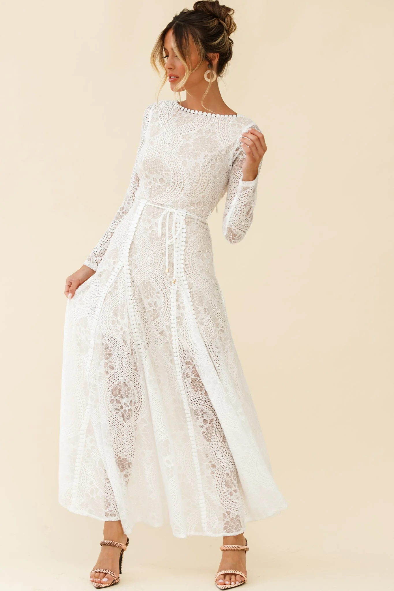 Palm Springs Long Sleeve Lace Overlay Maxi Dress White - Image 5