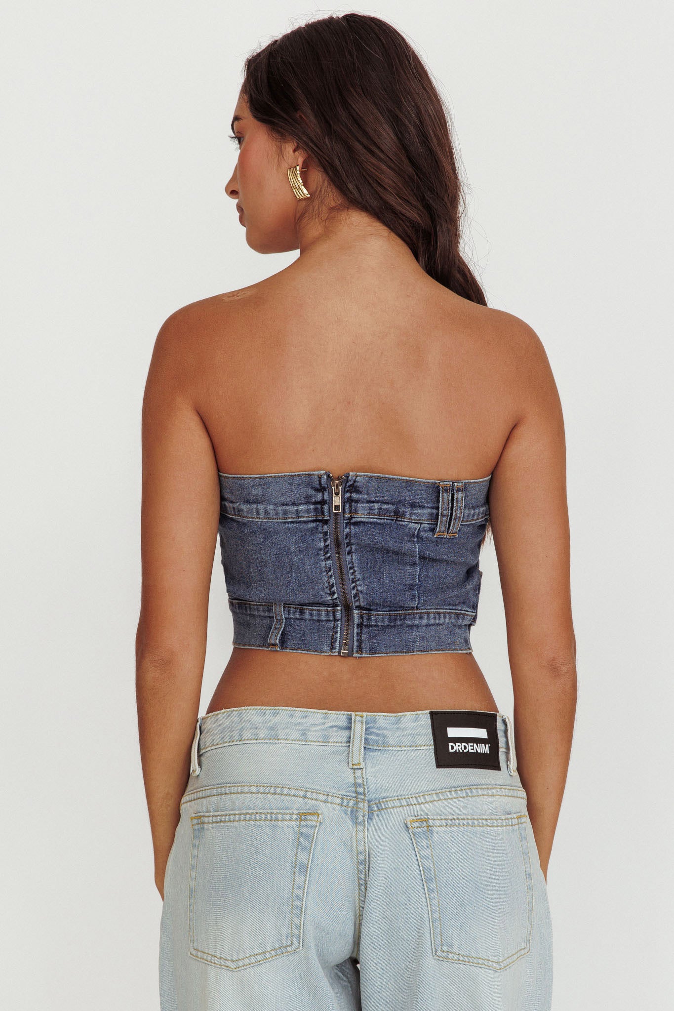 Pop Fizz Strapless Denim Cropped Top Medium Blue - Image 2