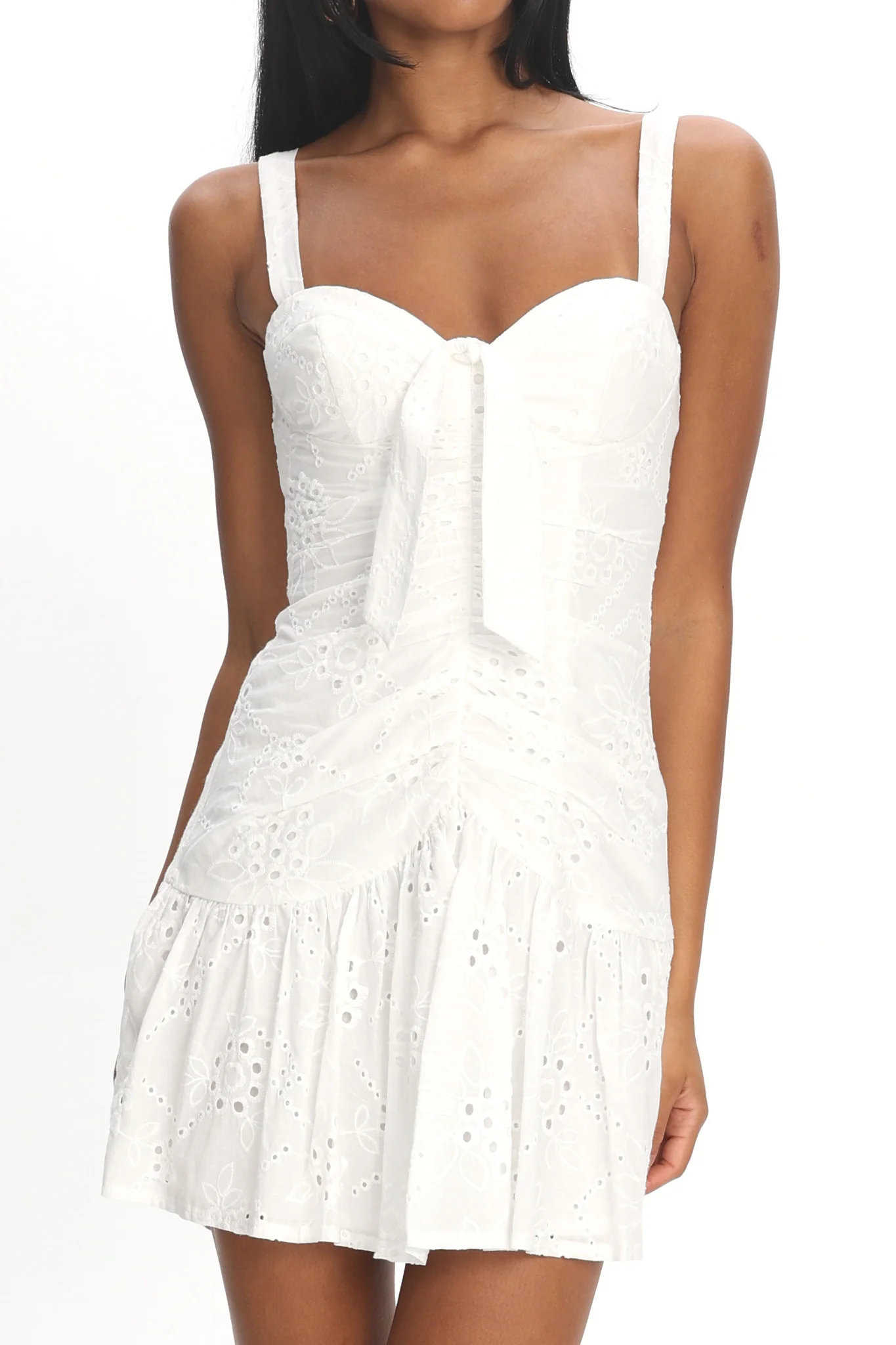 Rachelle Tied Bust Ruched Mini Dress Eyelet White - Image 4