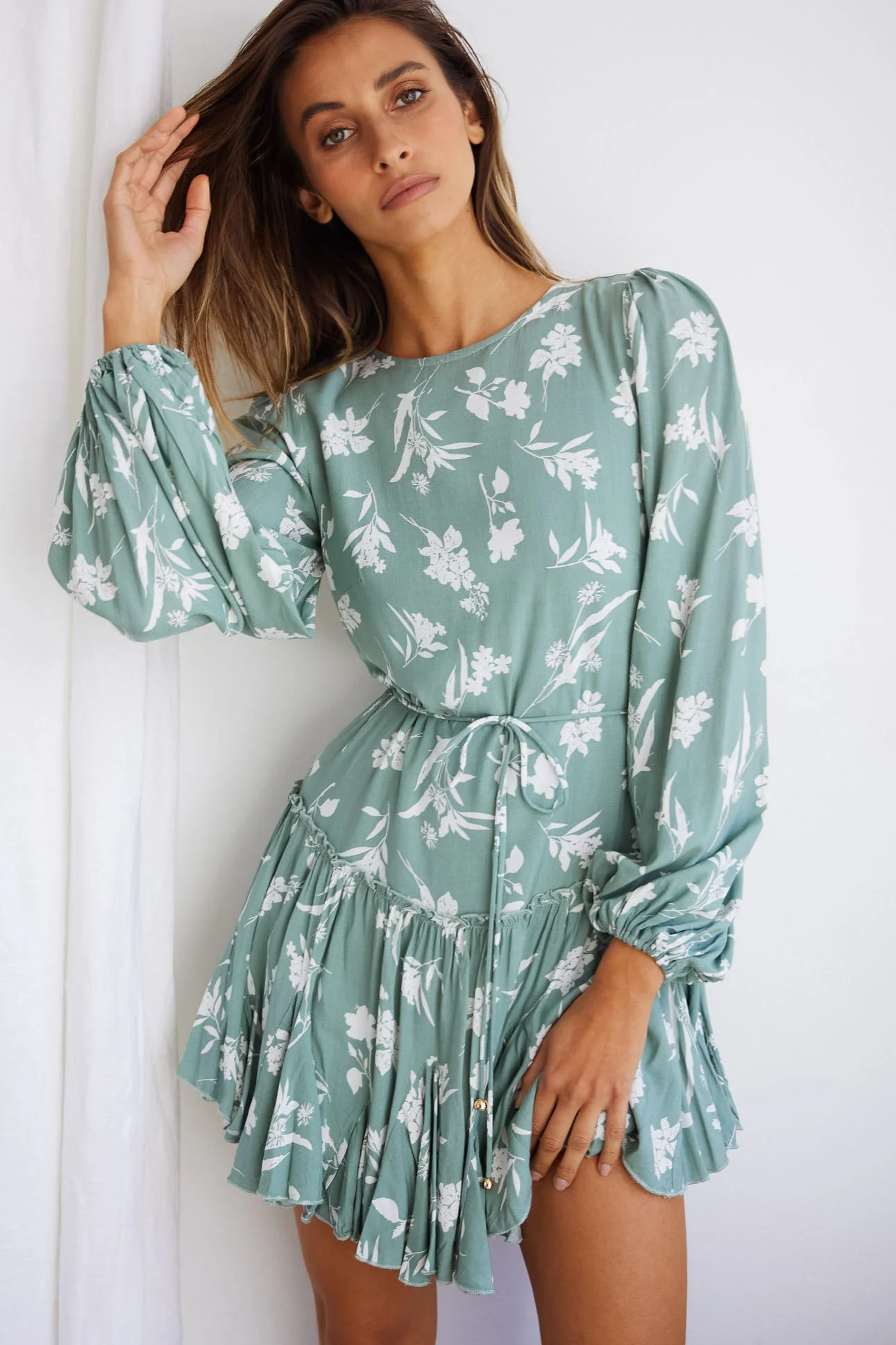 Rosabel Balloon Sleeve Fluted Hem Dress Botanic Print Sage - Image 4