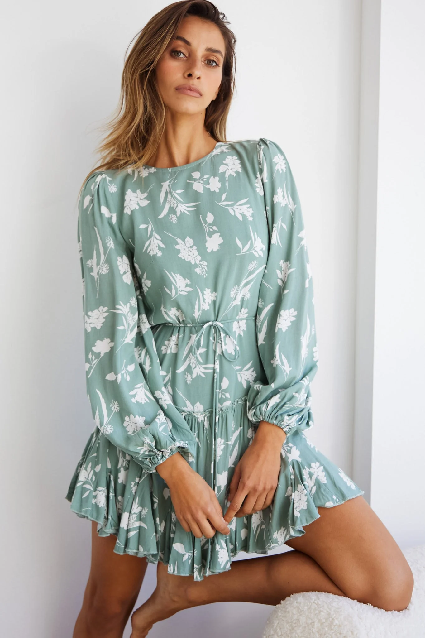 Rosabel Balloon Sleeve Fluted Hem Dress Botanic Print Sage - Image 7