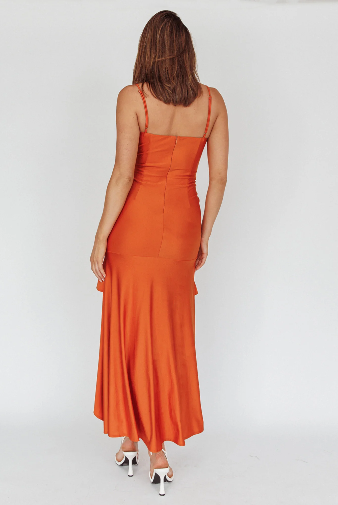 Rosalia Ruched Ruffle Maxi Dress Chocolate - Image 2