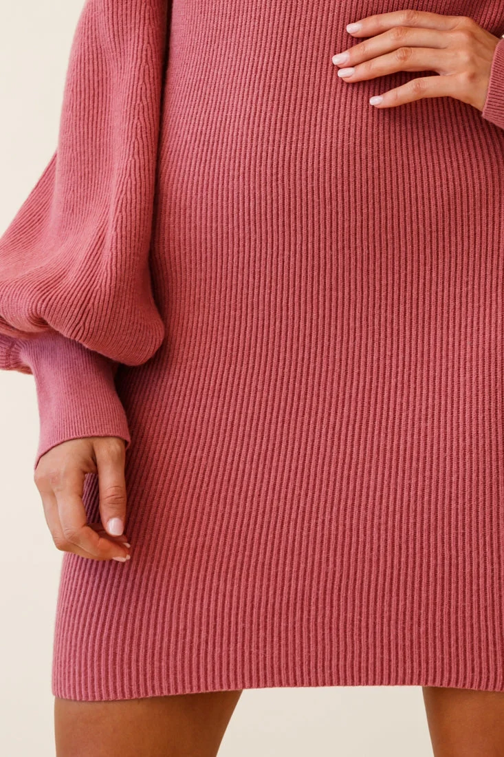 Runaway Off Shoulder Balloon Sleeve Knit Dress Rose - Image 5