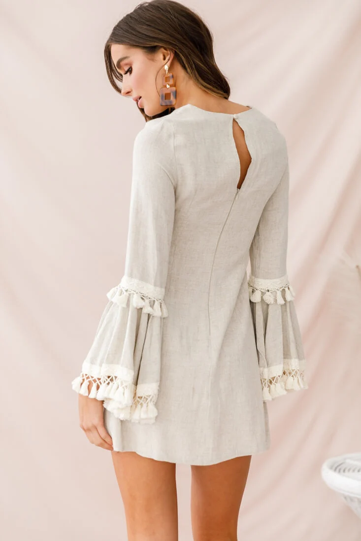 Sahara Tassel Trim Bell Sleeve Dress Beige - Image 3