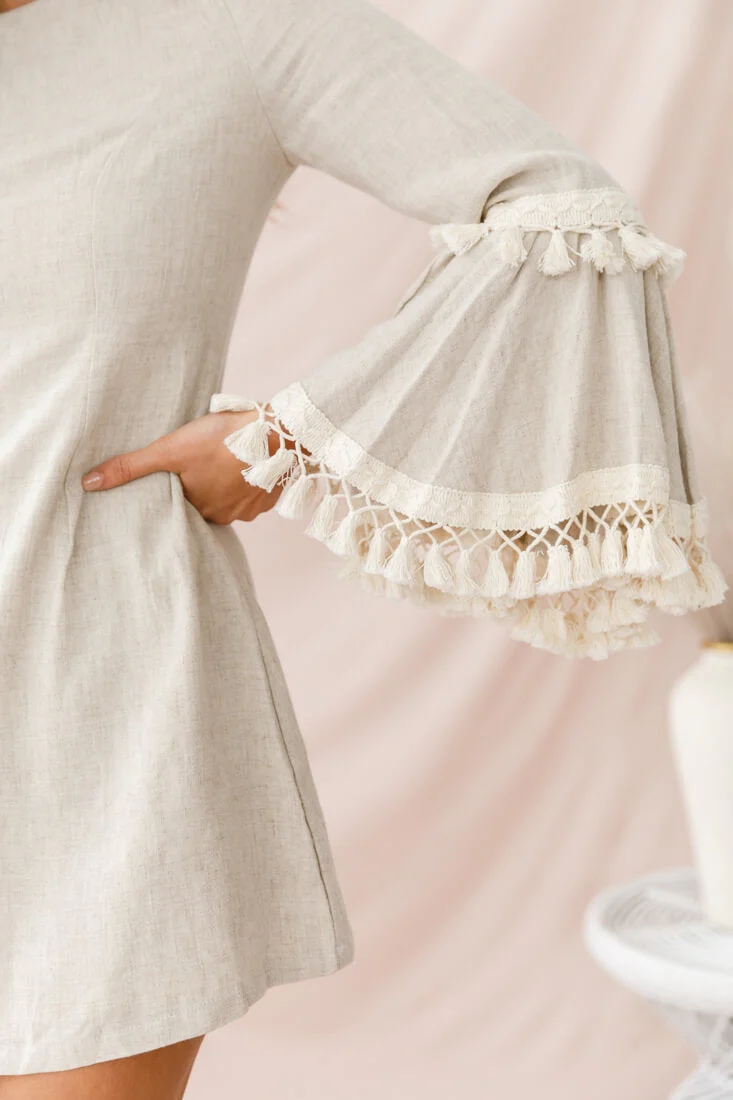 Sahara Tassel Trim Bell Sleeve Dress Beige - Image 4