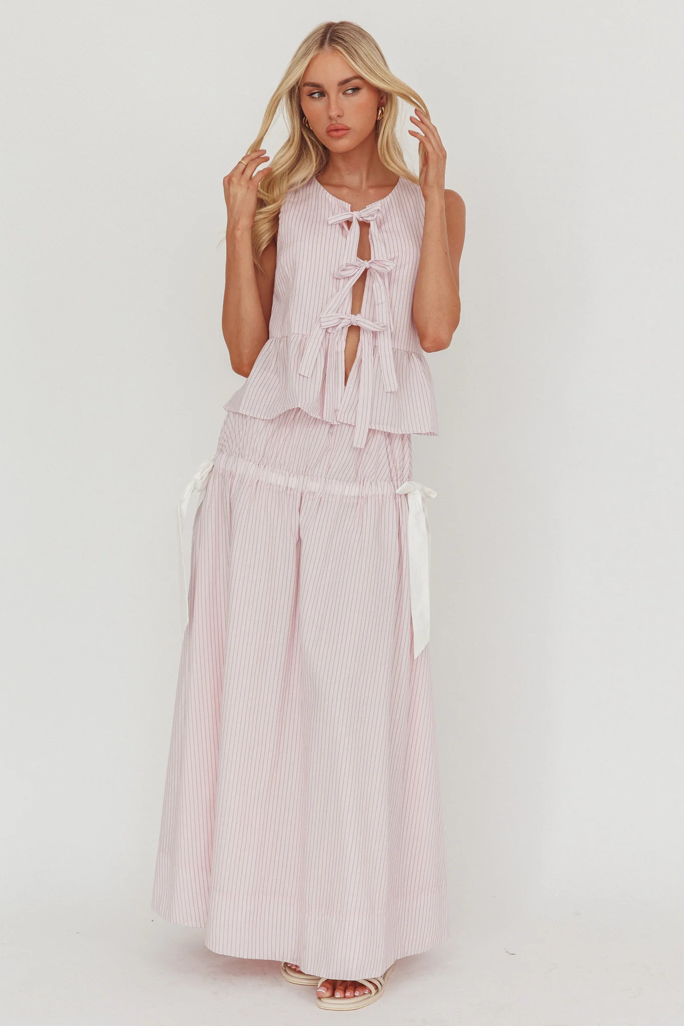 Salty Sea Side Bow Maxi Skirt Blush Stripe - Image 4