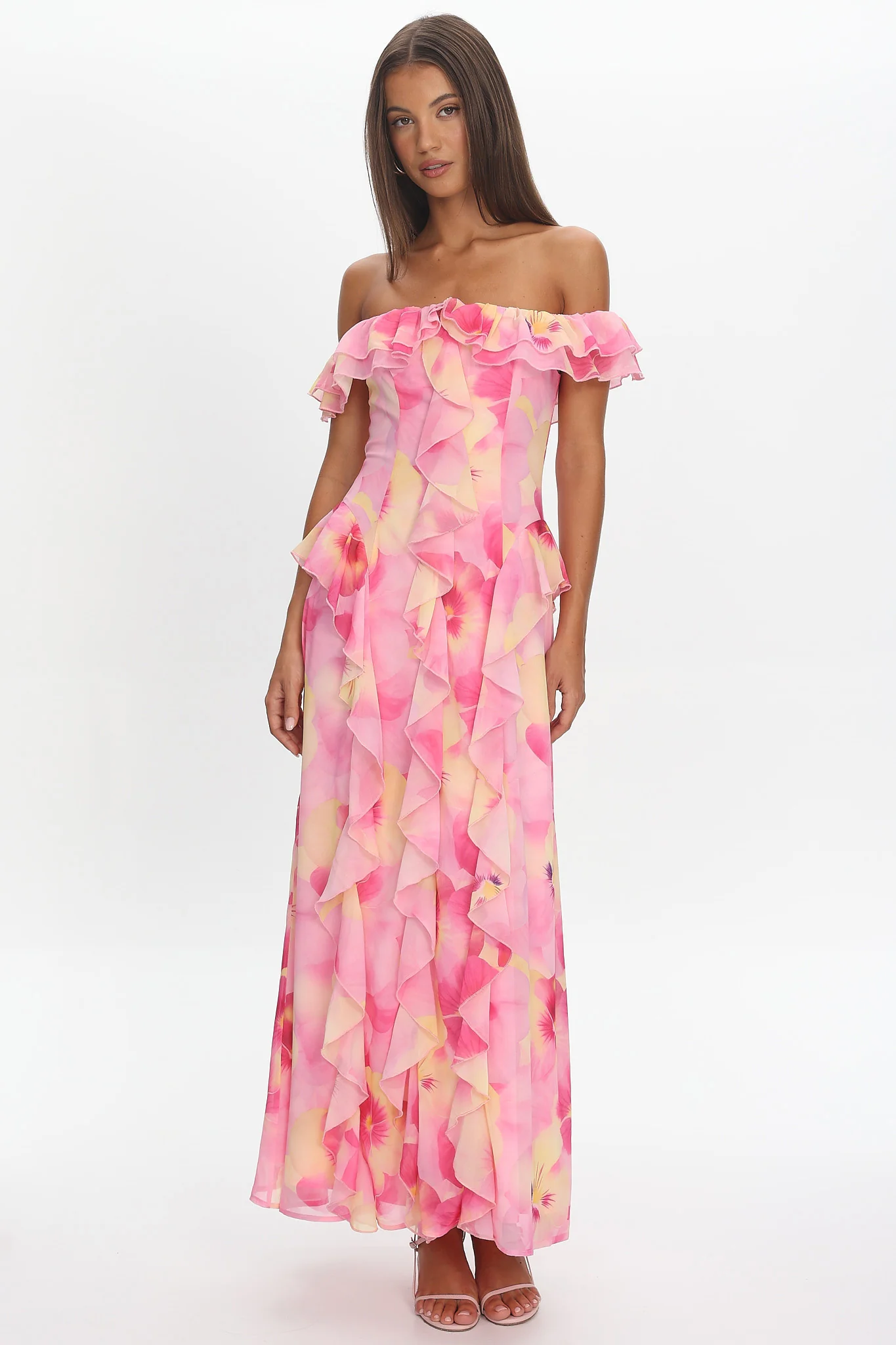 Scarlet Off-Shoulder Ruffle Trim Maxi Dress Print Pink - Image 5