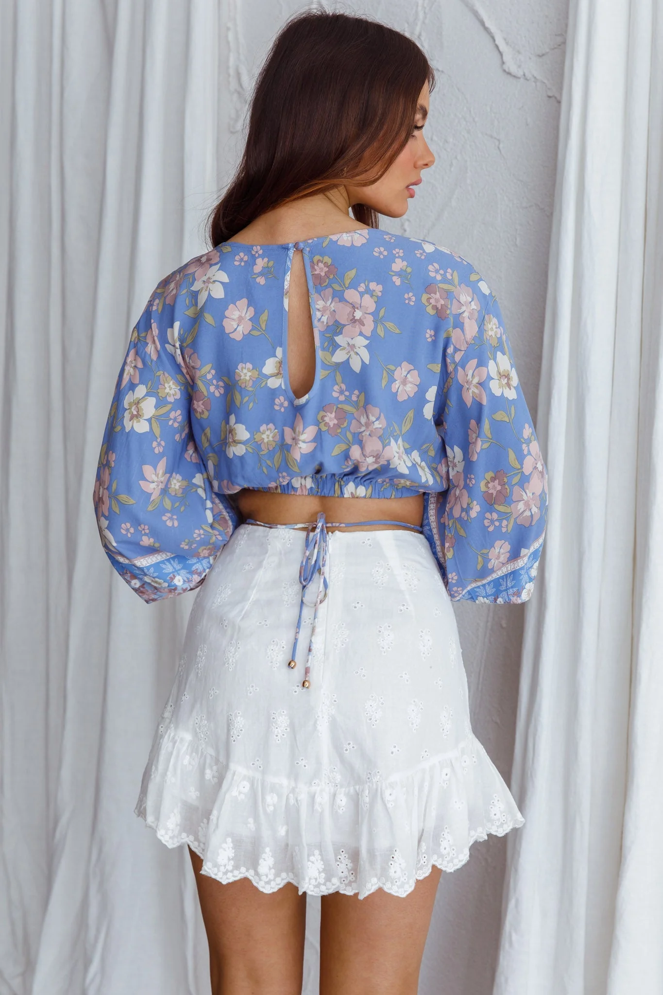Sea View Long Sleeve Crop Top Floral Blue - Image 5