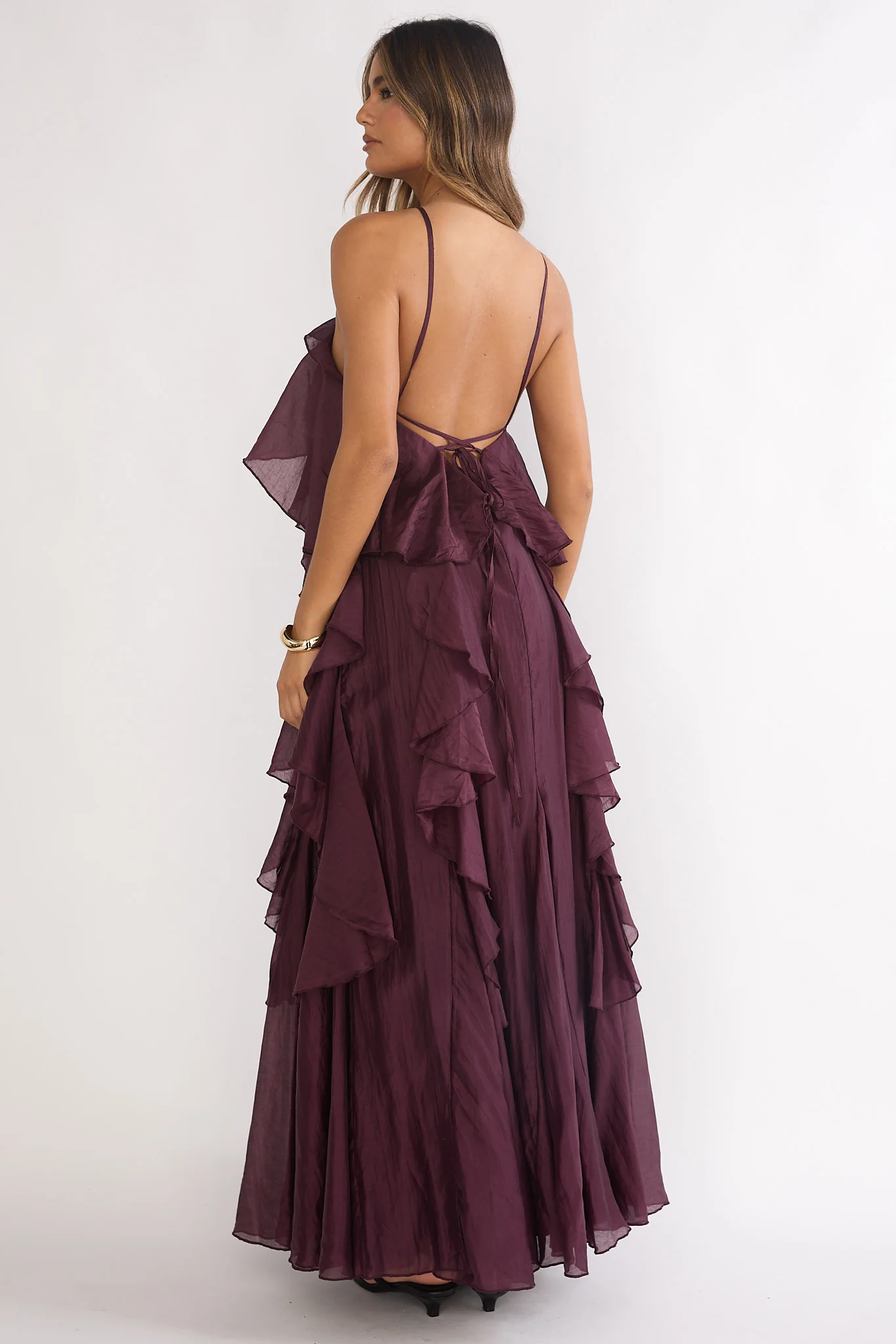 Secret Rendezvous Layered Ruffle Maxi Dress Maroon - Image 2