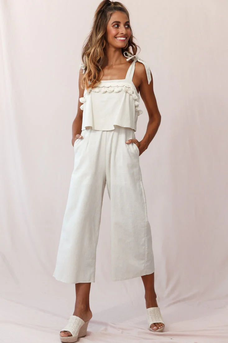 Sirocco Tassel Trim Tied Shoulder Midi Jumpsuit Natural - Image 6
