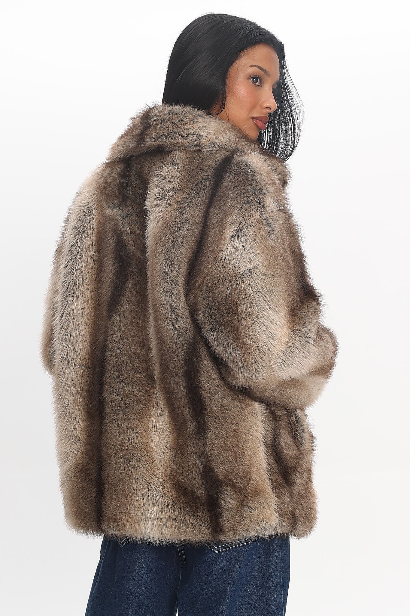 Soraya Notch Lapel Faux Fur Coat Brown - Image 3