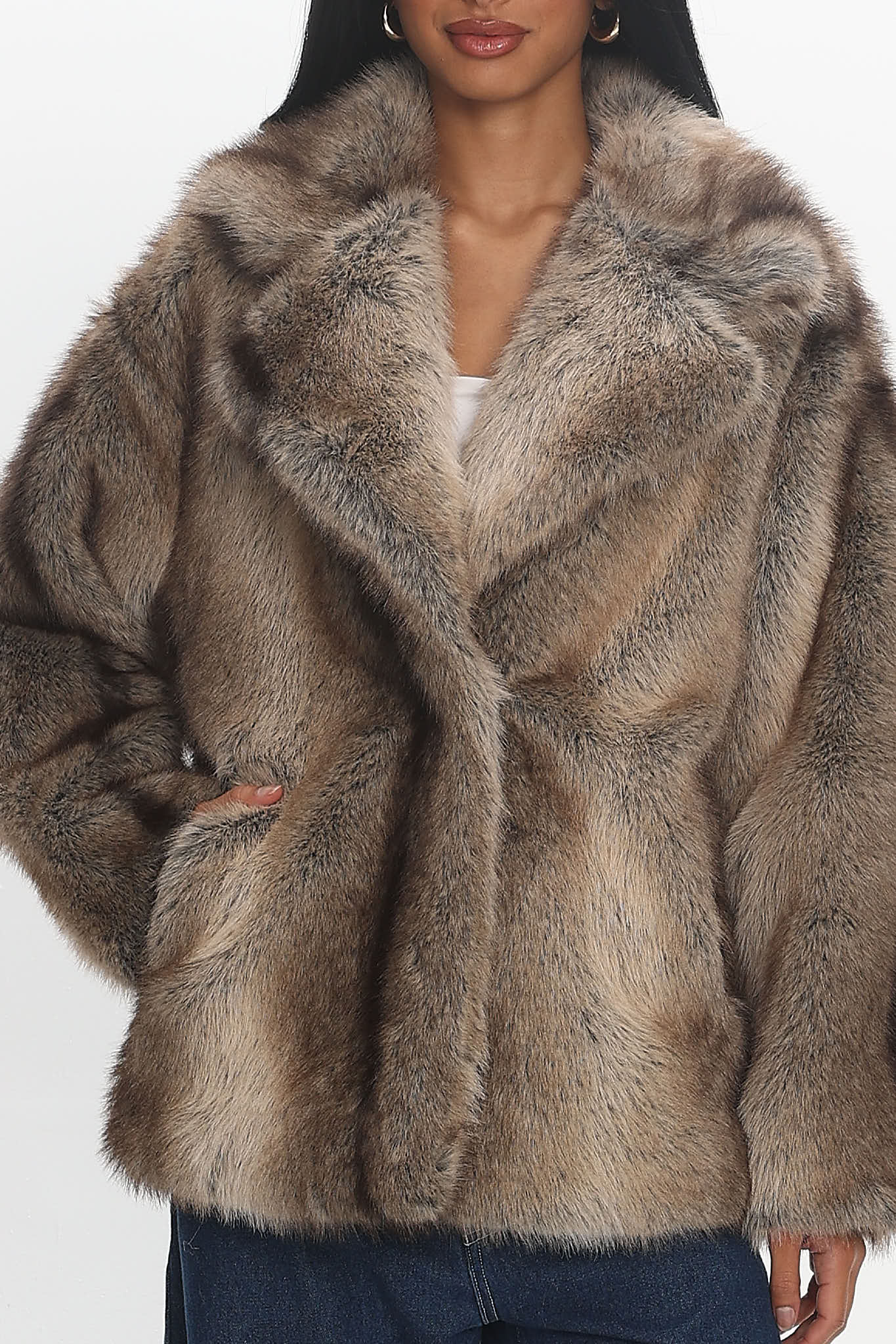 Soraya Notch Lapel Faux Fur Coat Brown - Image 4