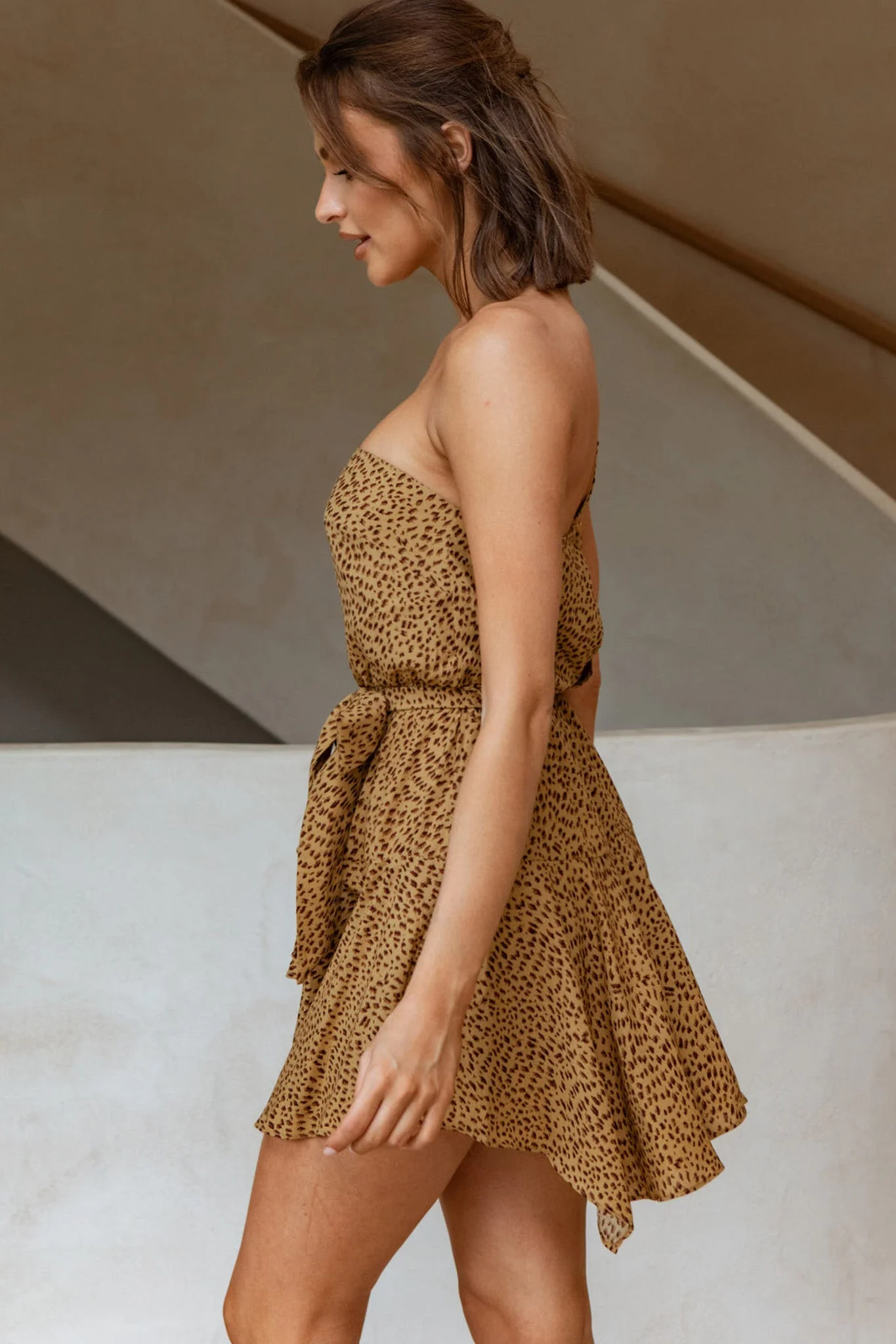 Supernatural Feeling One-Shoulder Waist Tie Dress Animal Print Mustard - Image 8