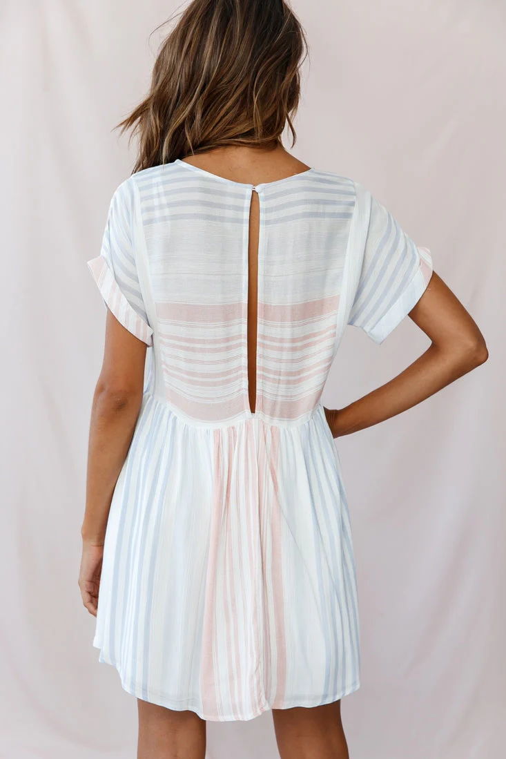 Susie Rolled Sleeve Crew Neck Swing Dress Stripe Print Blue/Peach - Image 3