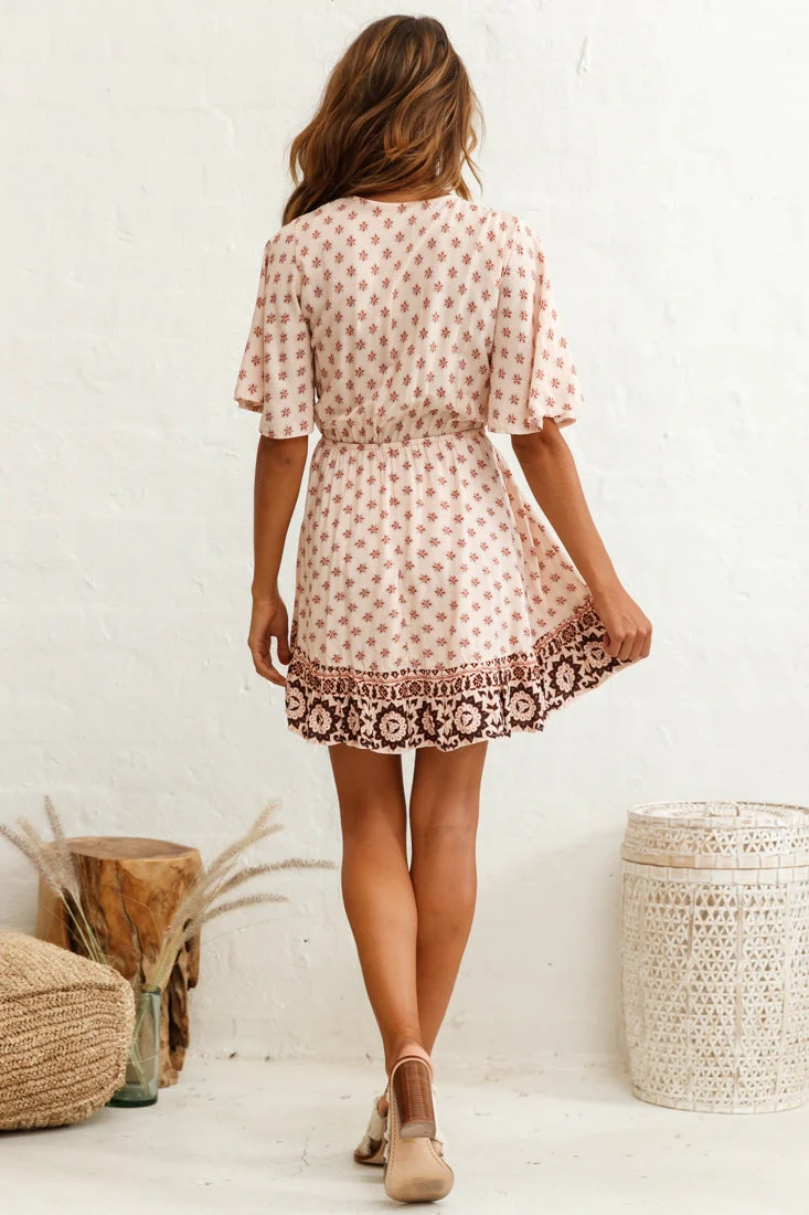 Suva Tie-Knot Bust A-Line Dress Floral Print Nude - Image 3