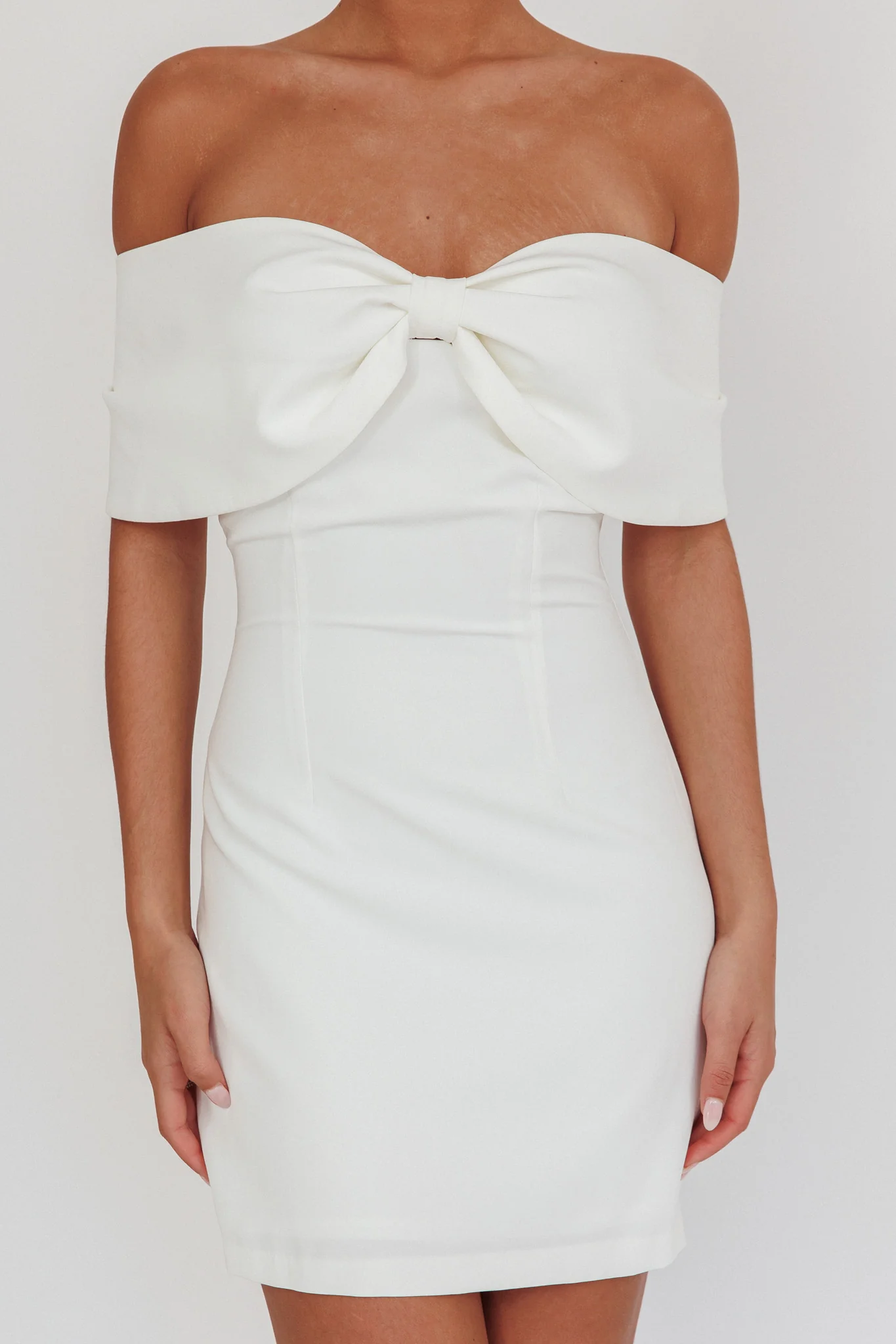 Sweet Caroline Off-Shoulder Bow Mini Dress White - Image 3