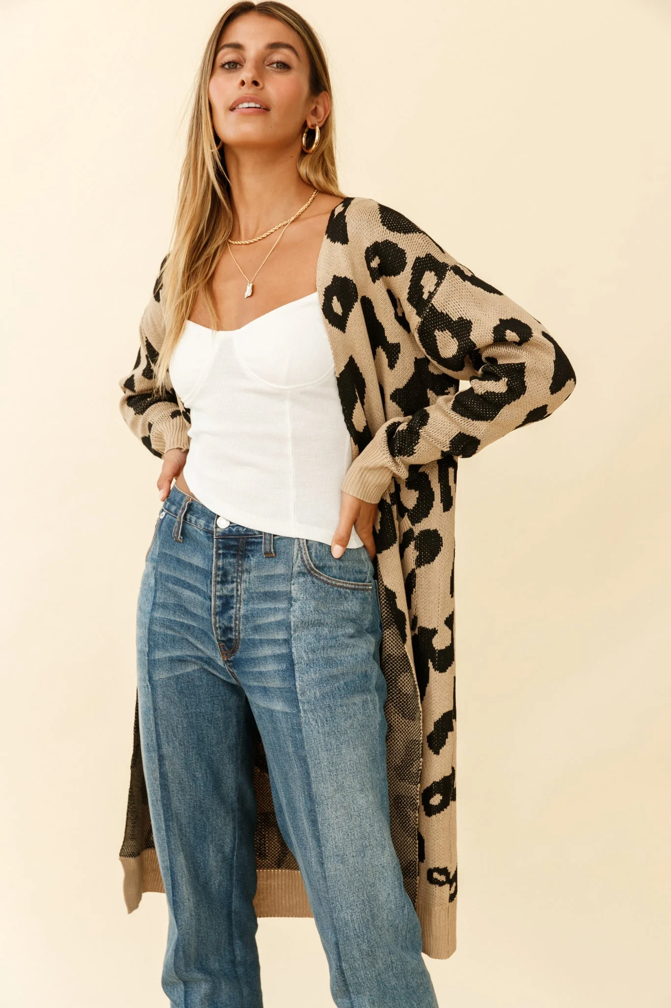 Switch It Up Longline Pocket Knit Cardigan Animal Print Beige - Image 3