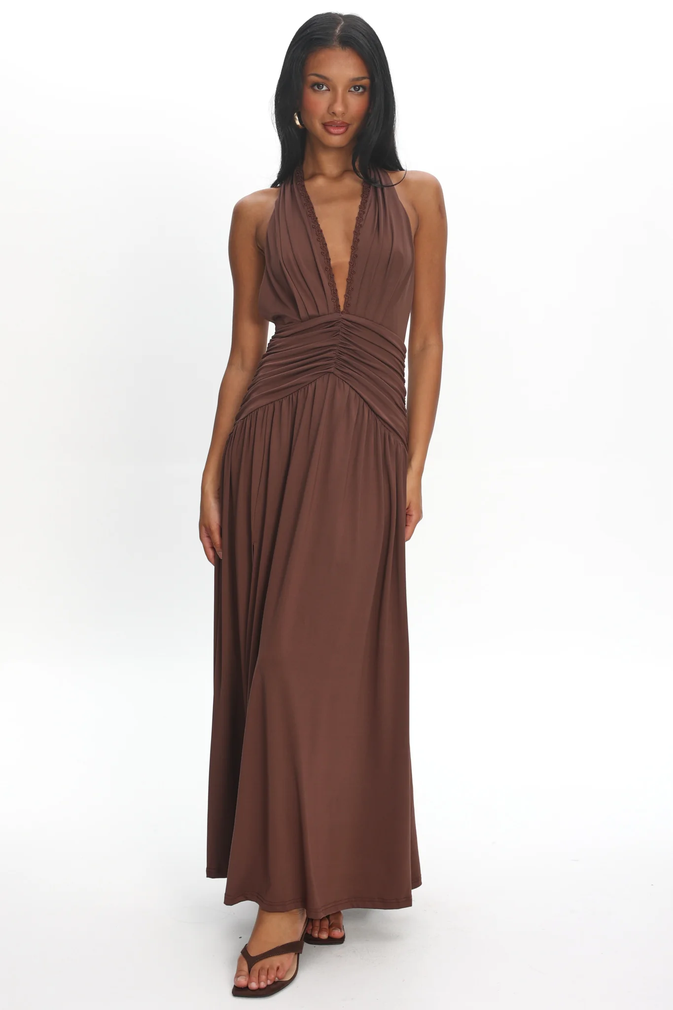 Tanya Halterneck Ruched Maxi Dress Chocolate - Image 3