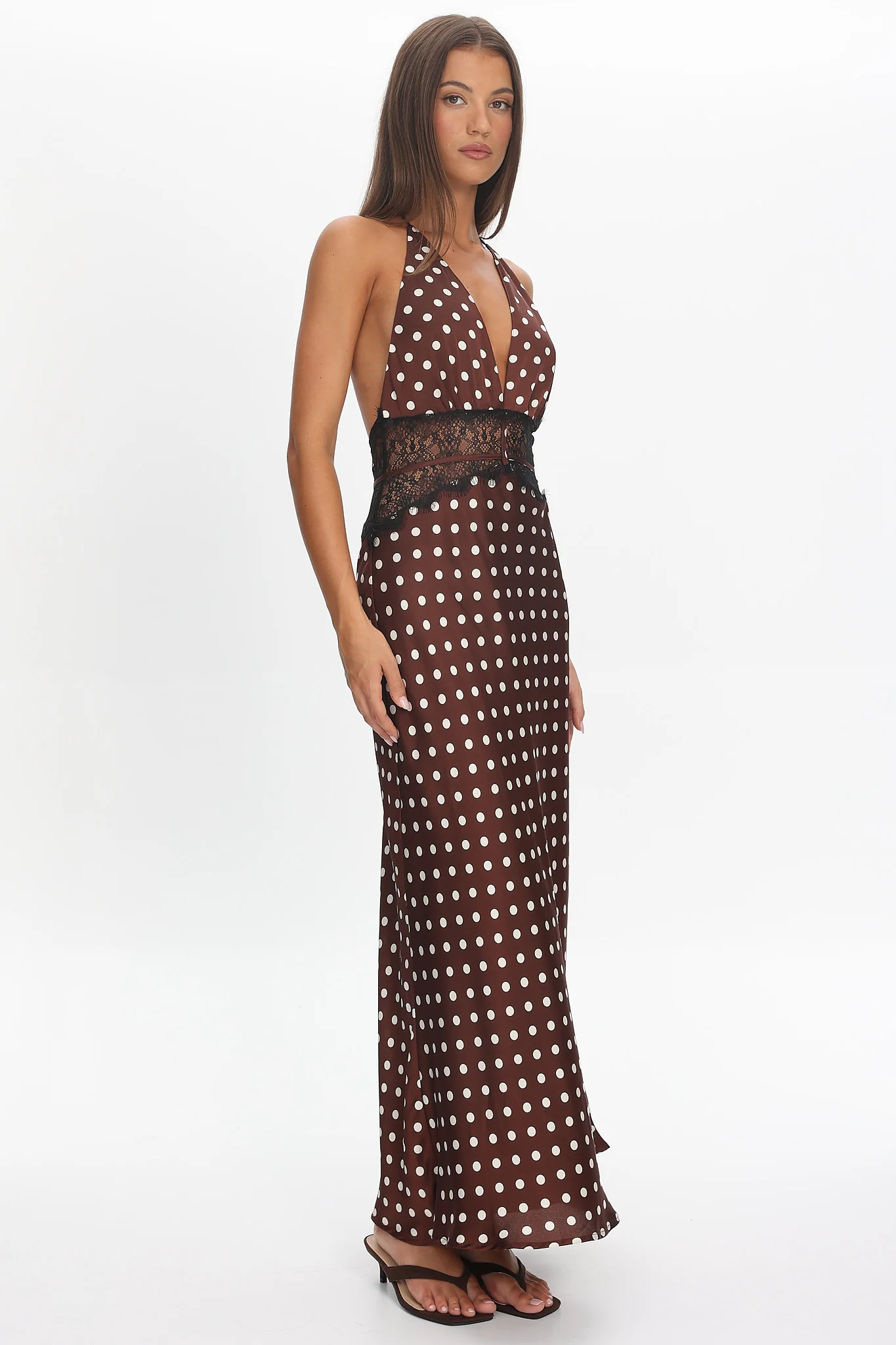 Tarly Lace Waist Halter Maxi Dress Polka Dot Chocolate - Image 4