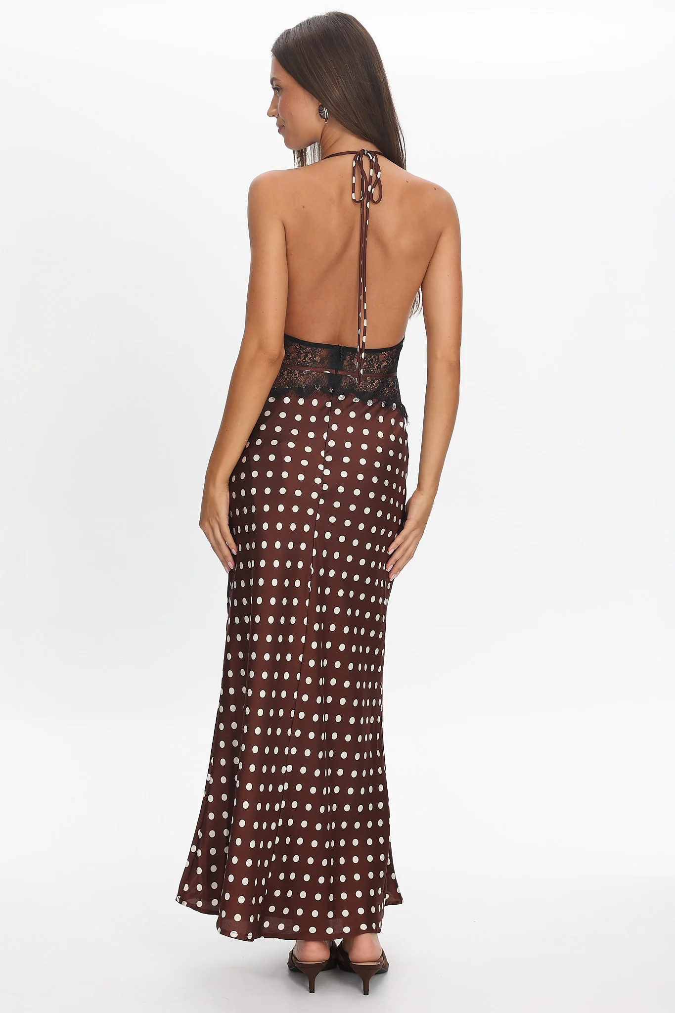 Tarly Lace Waist Halter Maxi Dress Polka Dot Chocolate - Image 5