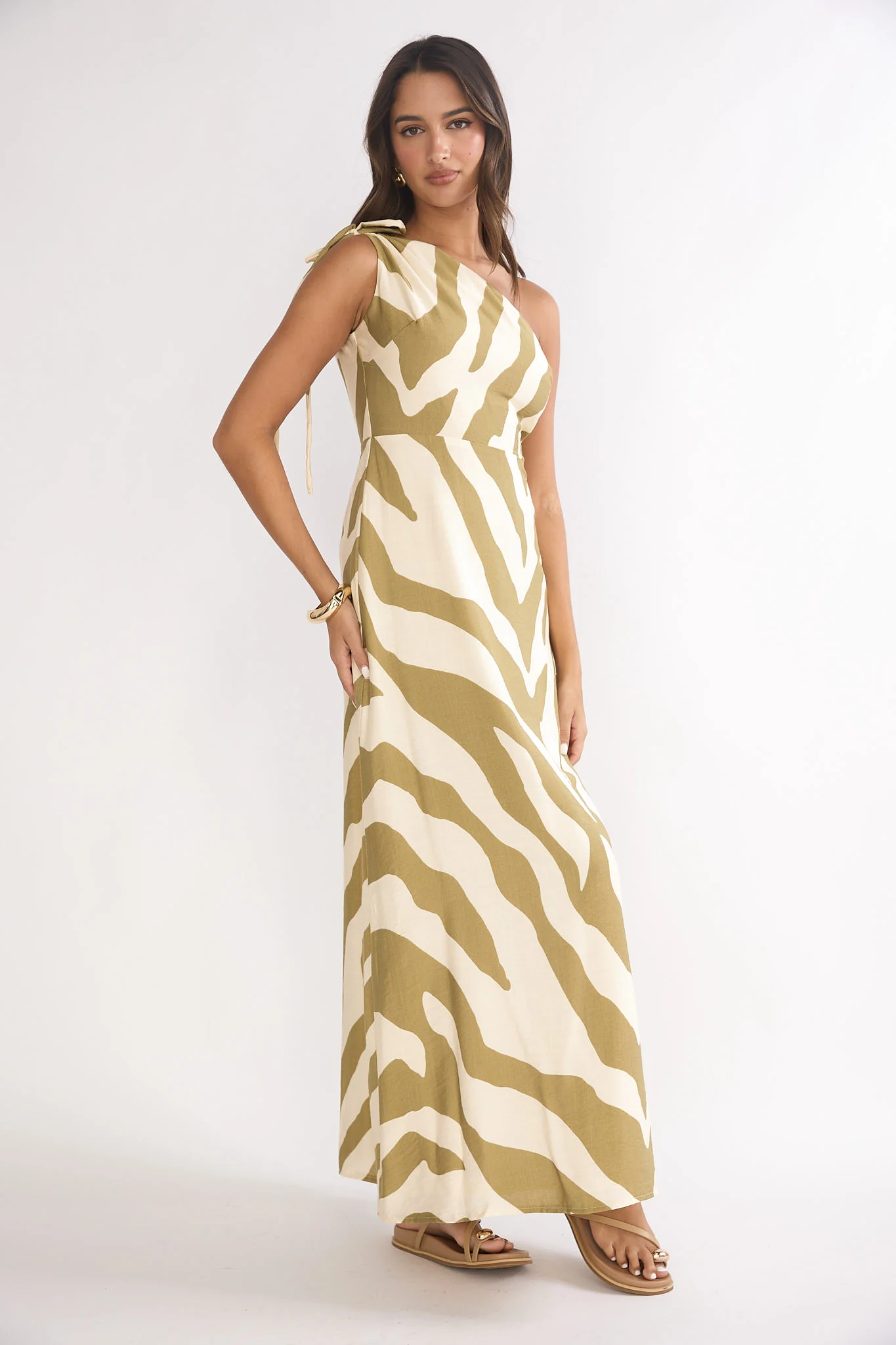 Tavina One-Shoulder Maxi Dress Zebra Khaki - Image 6