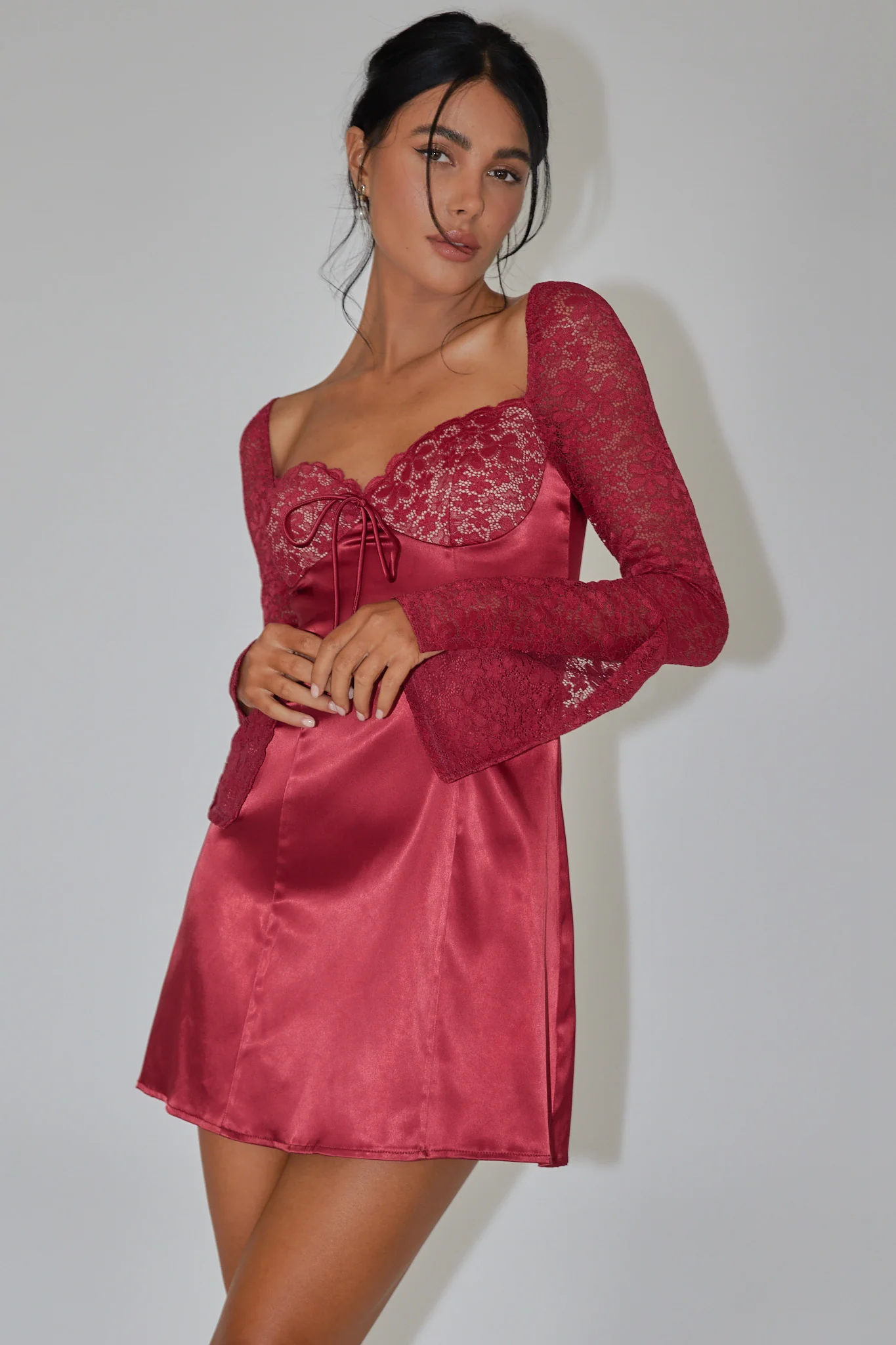 Ti Amo Lace Bust Long Sleeve Mini Dress Wine - Image 5