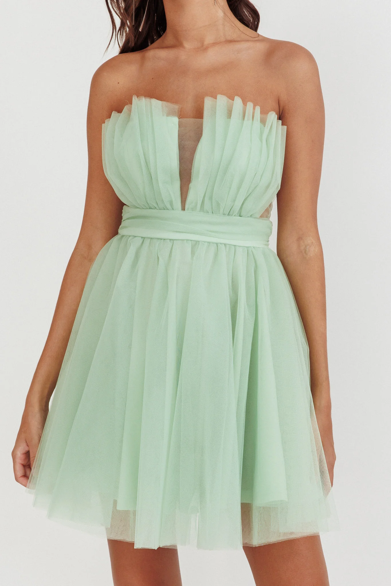 Touch The Stars Gathered Mesh Mini Dress Sage - Image 4