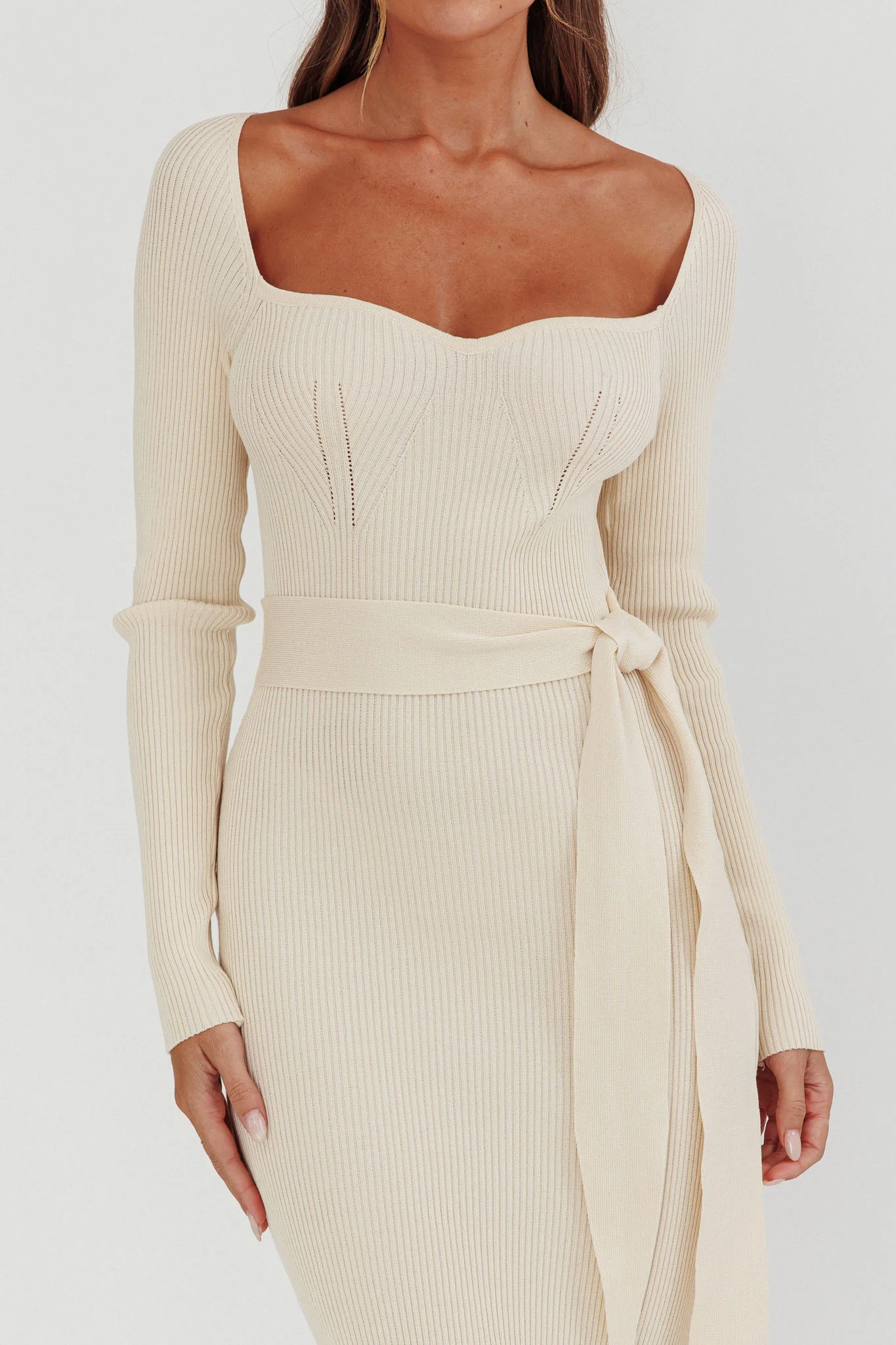 Twilight Moments Long Sleeve Knit Dress Cream - Image 4