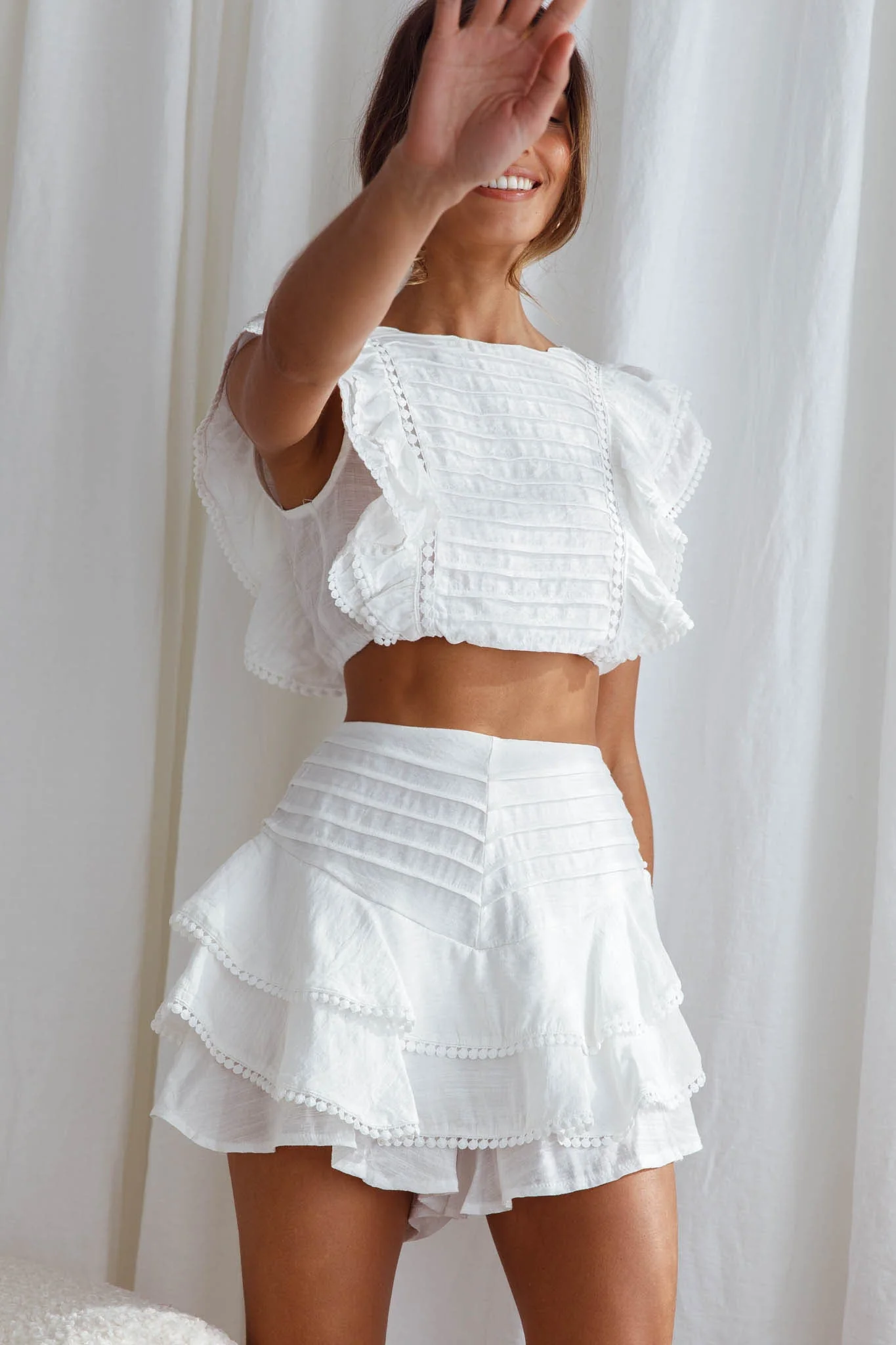 Wild And Free Pintuck Pleat And Ruffle Crop Top White - Image 6